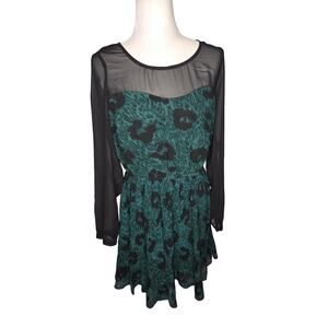 Jessica Simpson  Botanical Fauna Teal Green Black Pleat Leopard Print Dress M